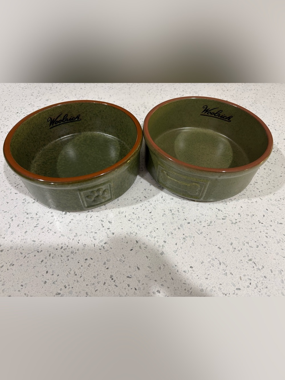 Woolrich Olive Green Ceramic Pet Bowls with Brown Rim (Pair)